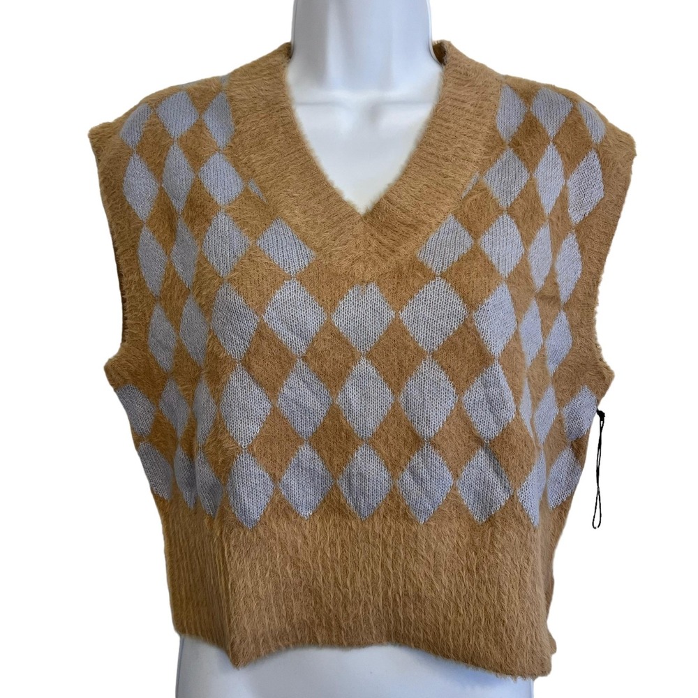 Sincerely Jules Sweater Vest Tan Blue Argyle Eyelash Knit Twee Retro Womens XS